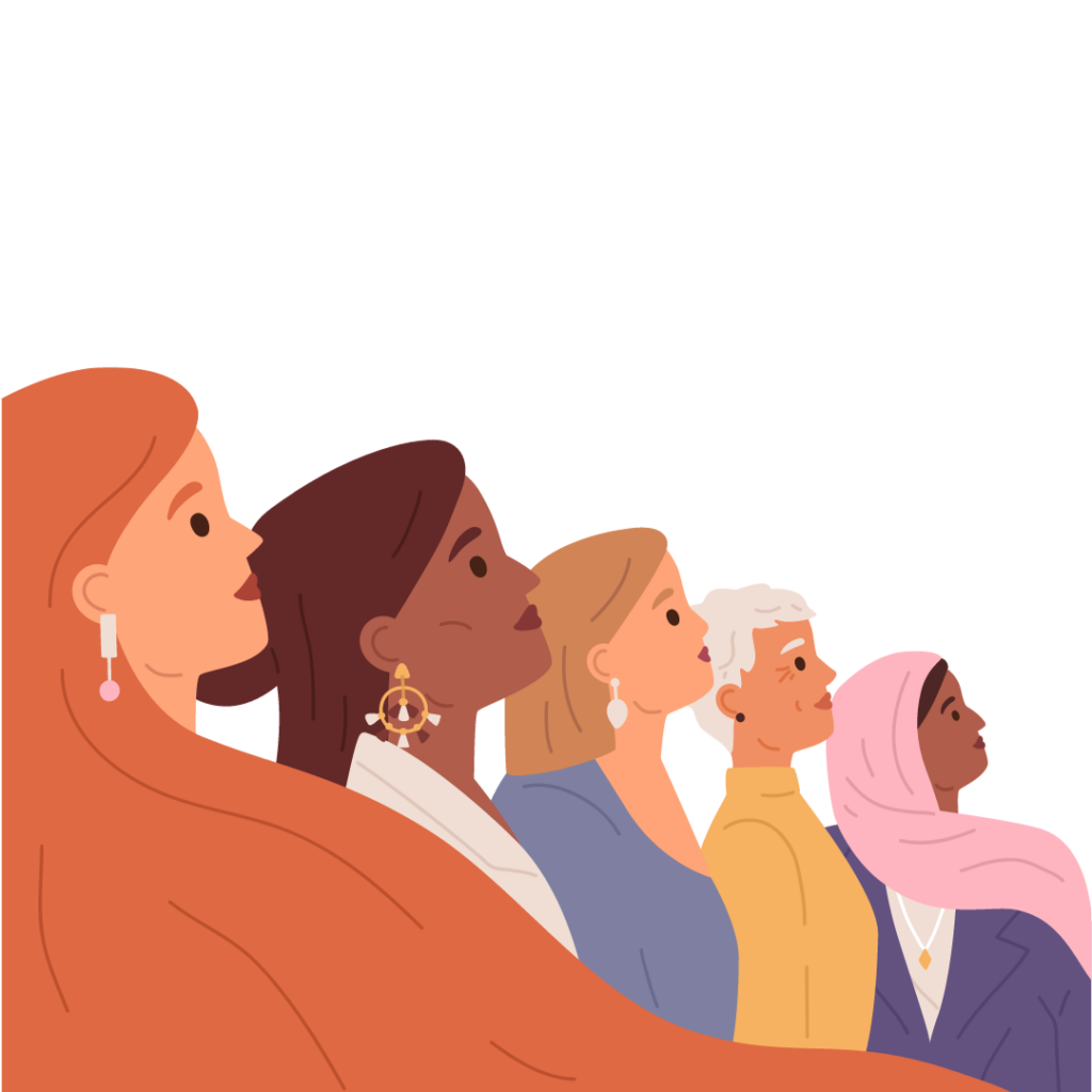 Graphic art of a diverse group of 5 women looking up.